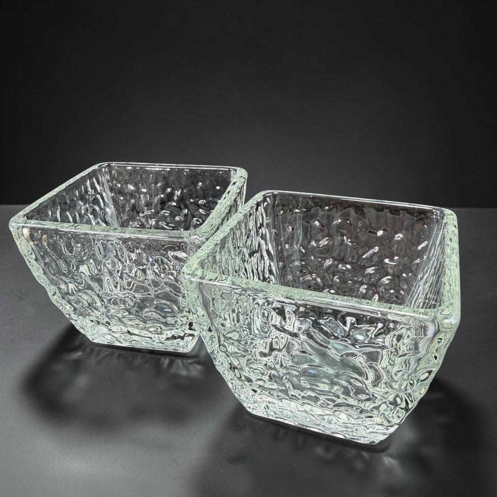Disaronno Square Hammered Texture Rocks Glasses Bowl Dish Set of 2 Clear Barware